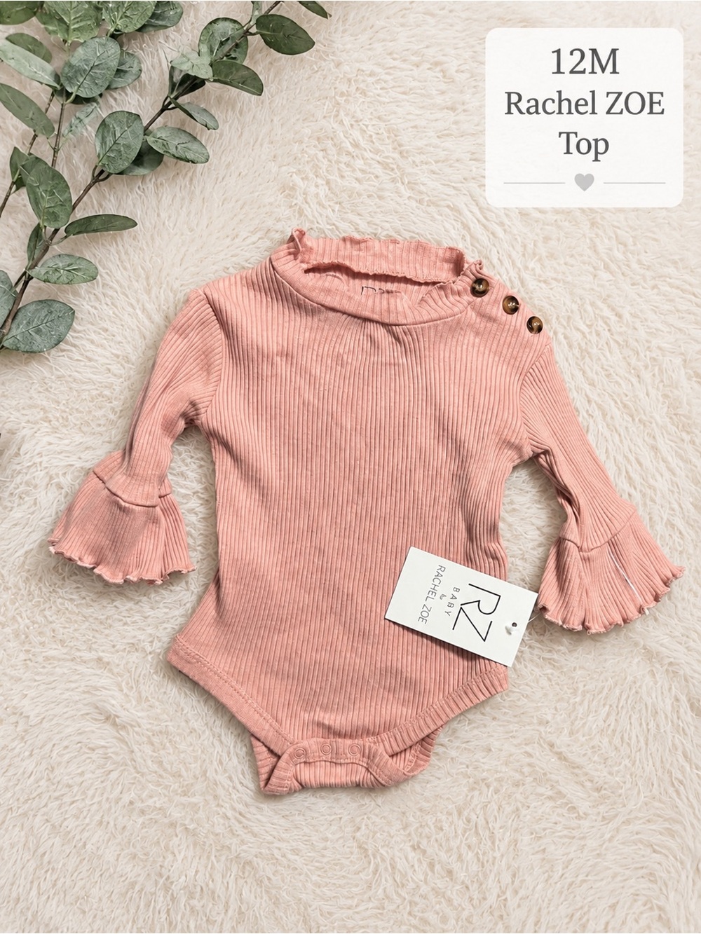 RZ Baby Pink Ribbed Bell-Sleeve Bodysuit with Buttons top 12 months